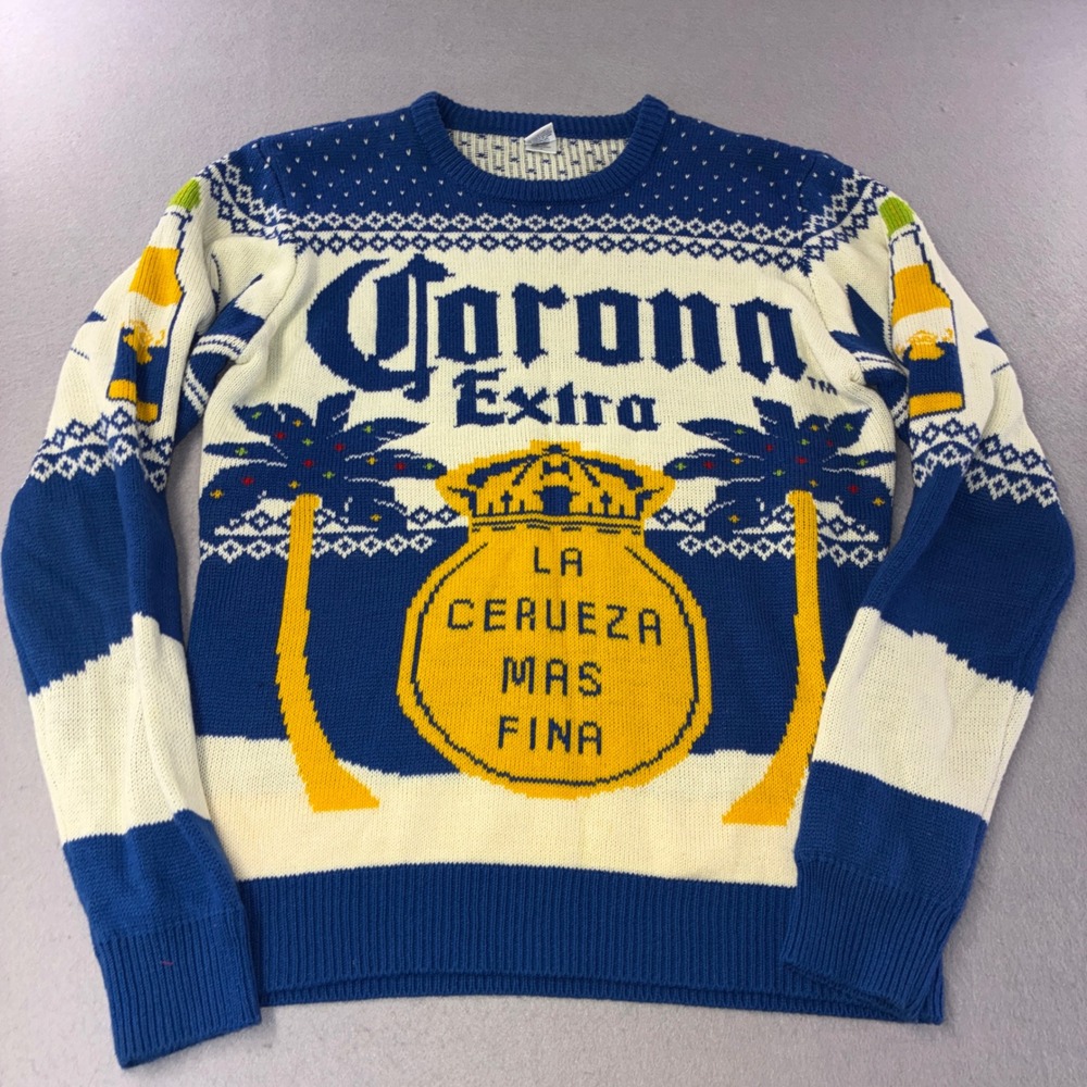 Corona Extra Sweater Mens Medium Blue White Palm Tree Christmas Holiday Pullover